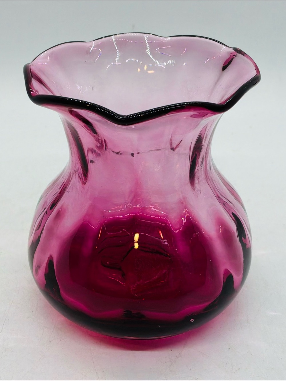 Vintage Pilgrim Glass Vase MCM Ruffled Top Cranberry Color 3.5 Inches Tall